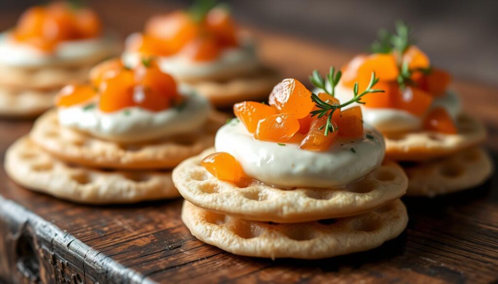 Parmesanmousse und Lachsrogen auf Blini